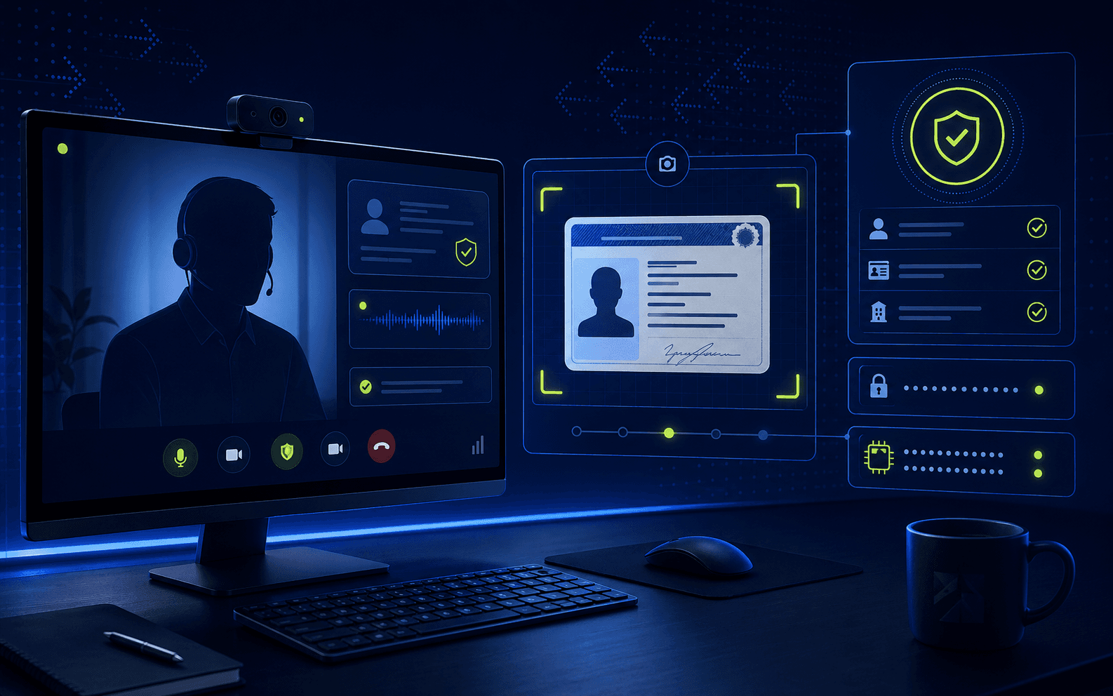Visual editorial da validação por videoconferência com conferência de documento e status de segurança